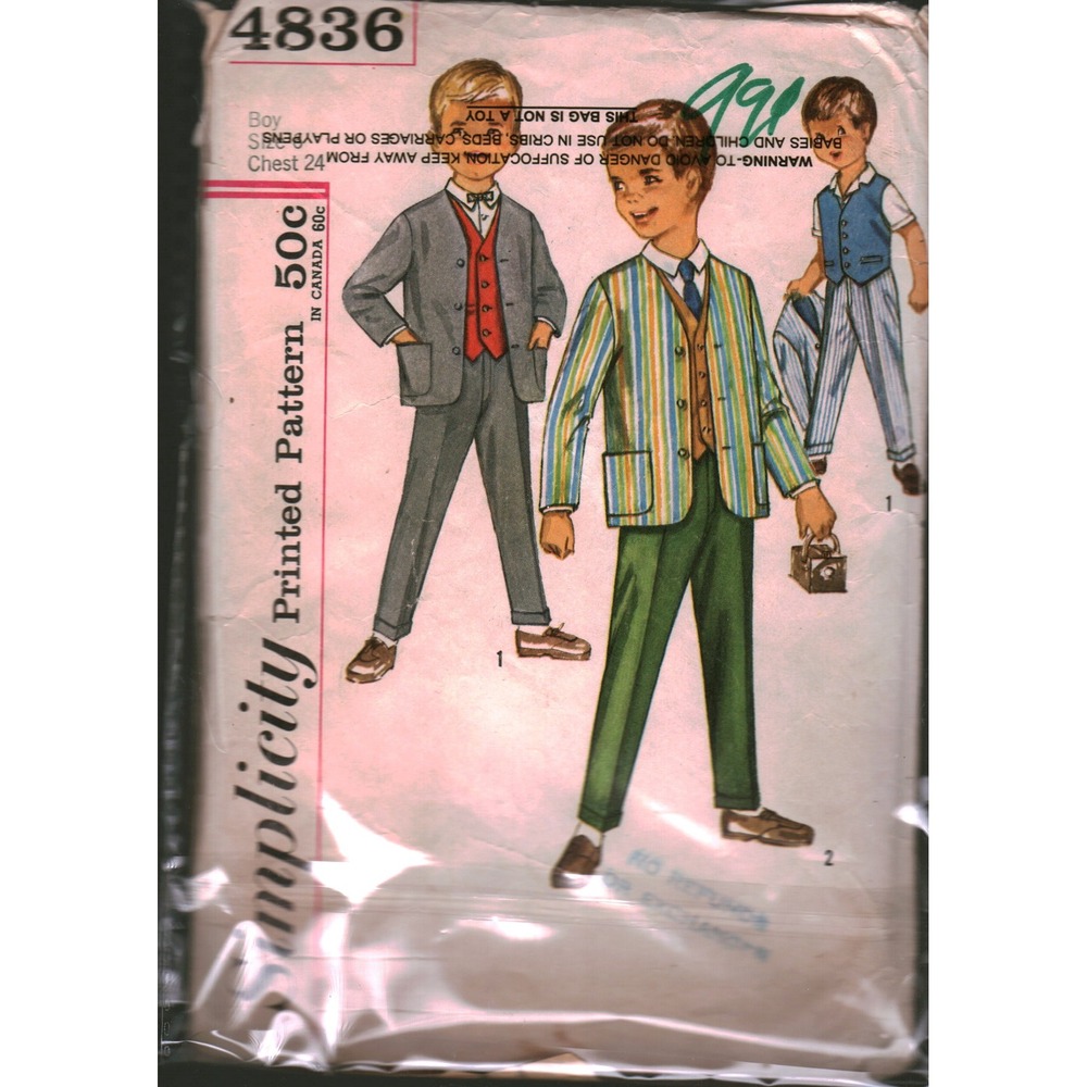 Vintage Simplicity 4836 Boys Suit‎ Sewing Pattern Jacket Vest Pants Chest 24 60s